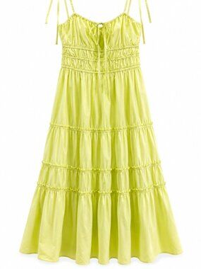 NICHOLAS Shirred Cotton Poplin Tie Shoulder Maxi Dress Lime Chartreuse US 10 NWT